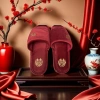 The upper and insole of the red suede slippers are embroidered with golden double happiness patterns Specification image